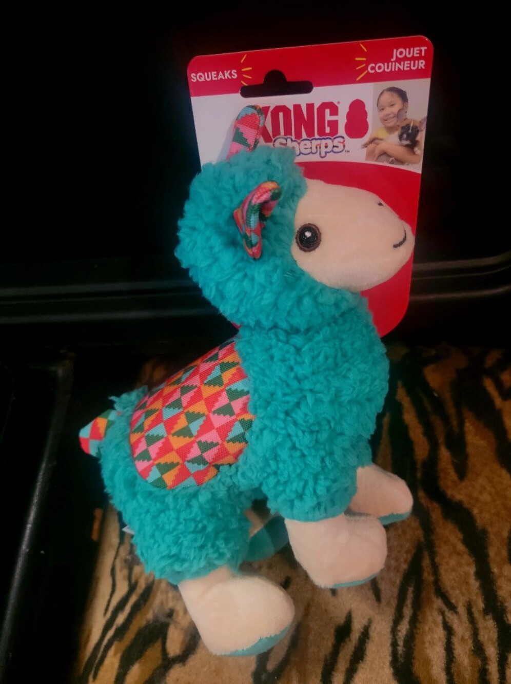 Kong Dog Llama Plush Sherpa with Squeak Multicolor Pattern Teal Sz Med Ea.